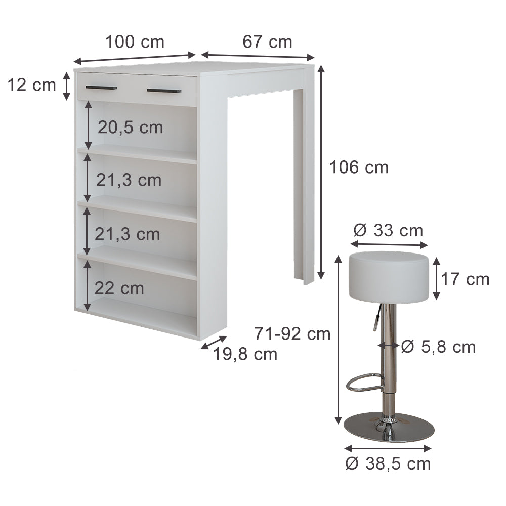 Vicco Set di tavoli da bar Bianco 67 x 100 cm con 2 sgabelli da bar