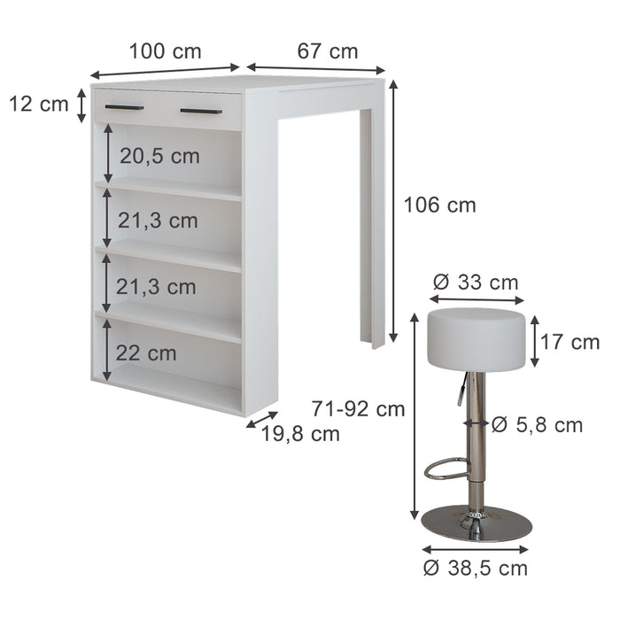Vicco Set di tavoli da bar Bianco 67 x 100 cm con 2 sgabelli da bar
