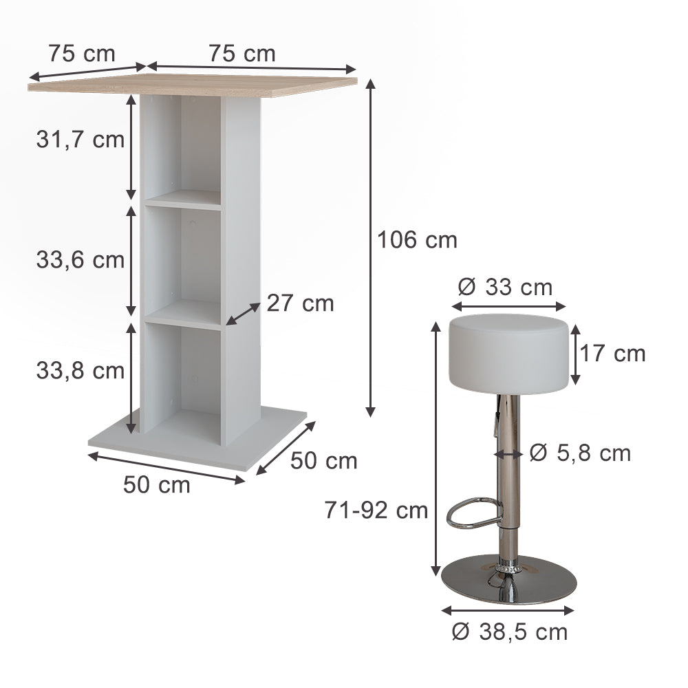 Vicco tavolo bar con sgabelli Bianco/Sonoma 75 x 75 cm con 2 sgabelli da bar