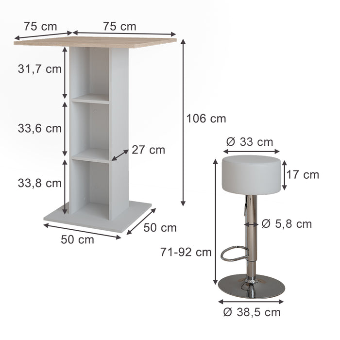 Vicco tavolo bar con sgabelli Bianco/Sonoma 75 x 75 cm con 2 sgabelli da bar