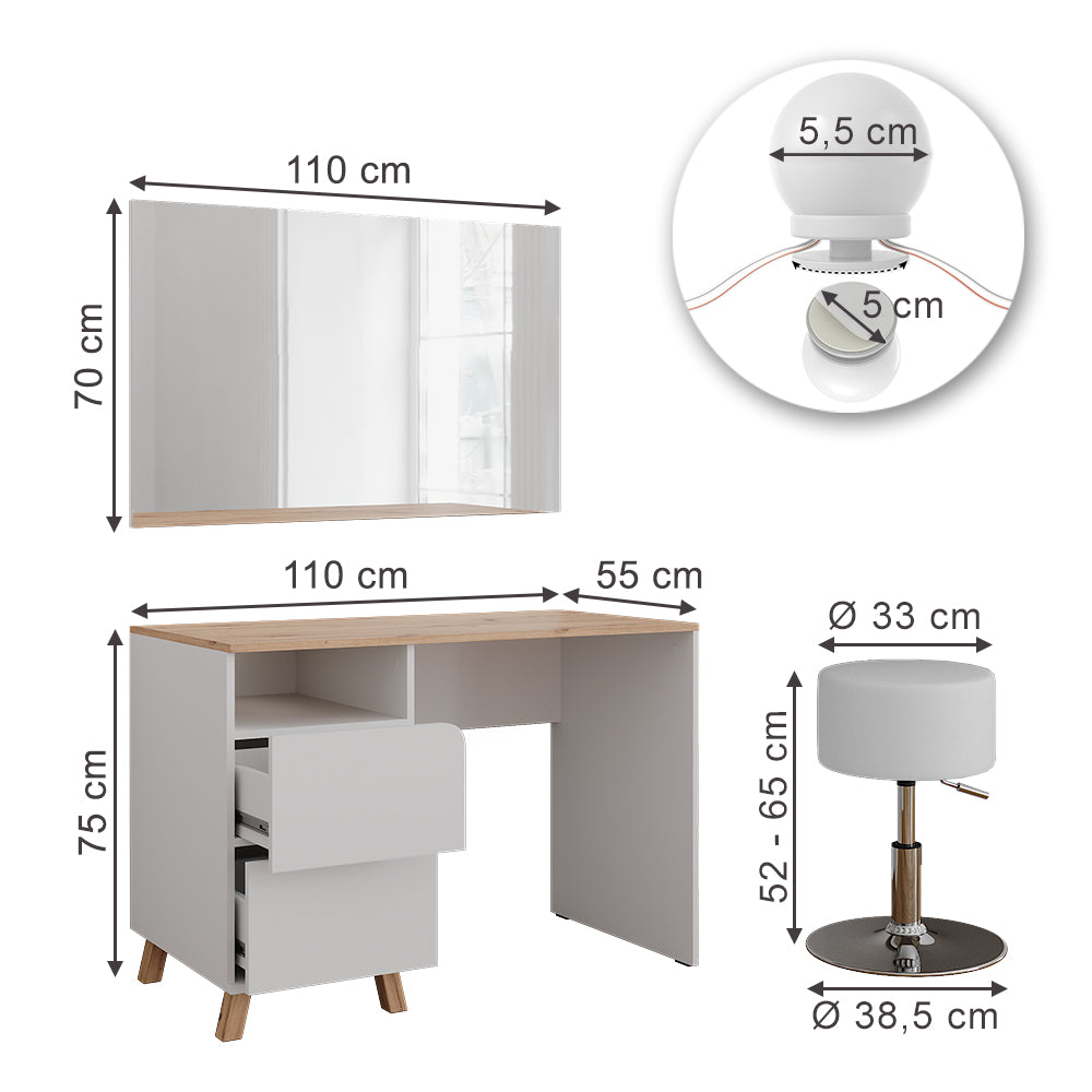Vicco Tavolo da toeletta Bianco/Artisan 110 cm con sgabello e luci fiabesche a LED