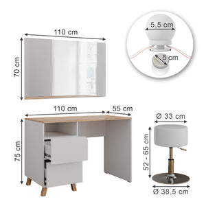 Vicco Tavolo da toeletta Bianco/Artisan 110 cm con sgabello e luci fiabesche a LED