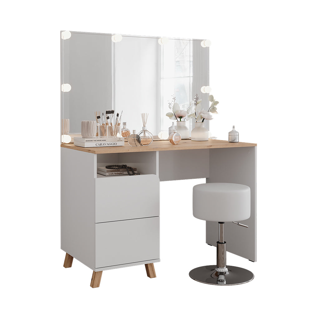 Vicco Tavolo da toeletta Bianco/Artisan 110 cm con sgabello e luci fiabesche a LED