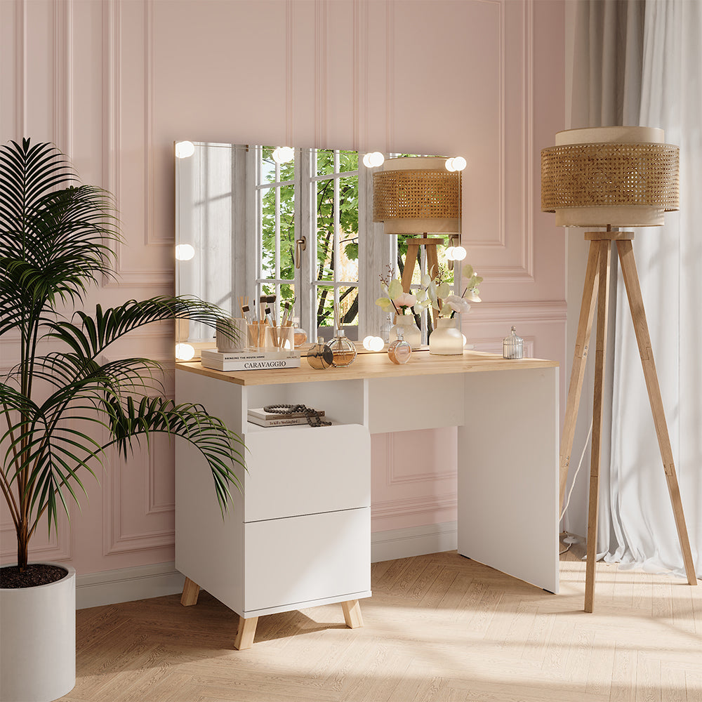 Vicco Tavolo da toeletta Bianco/Artisan 110 cm con luci fiabesche a LED