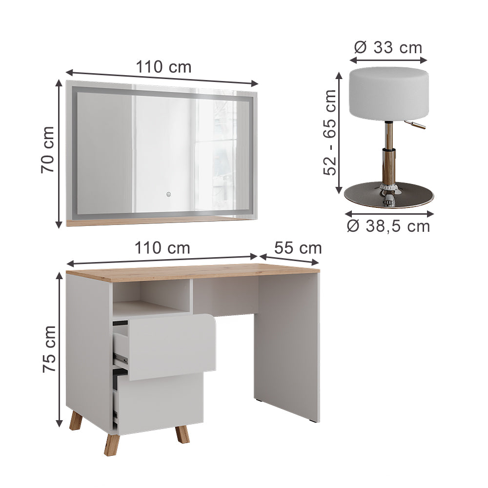 Vicco Tavolo da toeletta Bianco/Artisan 110 cm con sgabello e specchio LED