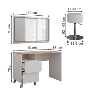 Vicco Tavolo da toeletta Bianco/Artisan 110 cm con sgabello e specchio LED