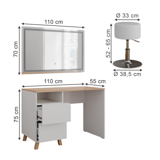 Vicco Tavolo da toeletta Bianco/Artisan 110 cm con sgabello e specchio LED