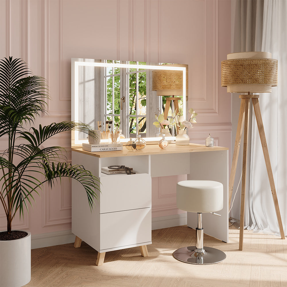 Vicco Tavolo da toeletta Bianco/Artisan 110 cm con sgabello e specchio LED