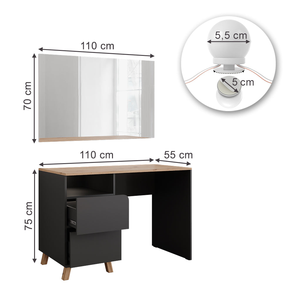 Vicco Tavolo da toeletta Antracite/Artisan 110 cm con luci fiabesche a LED