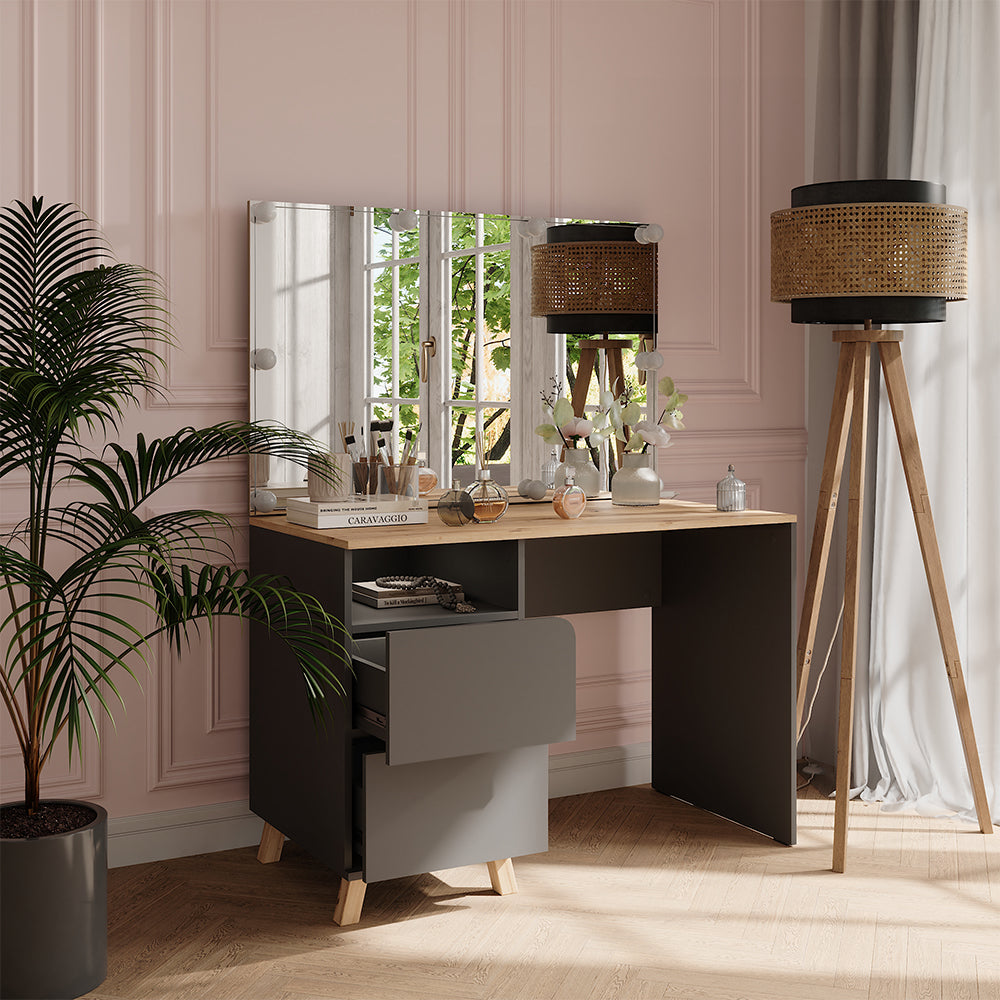 Vicco Tavolo da toeletta Antracite/Artisan 110 cm con luci fiabesche a LED