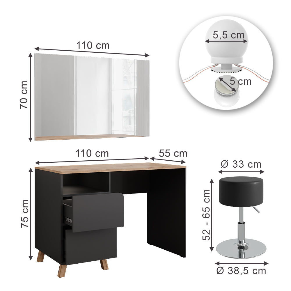 Vicco Tavolo da toeletta Antracite/Artisan 110 cm con sgabello e luci fiabesche a LED