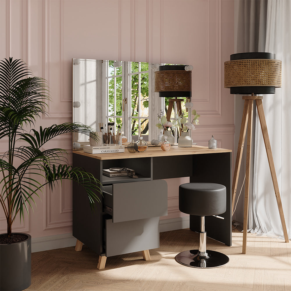 Vicco Tavolo da toeletta Antracite/Artisan 110 cm con sgabello e luci fiabesche a LED