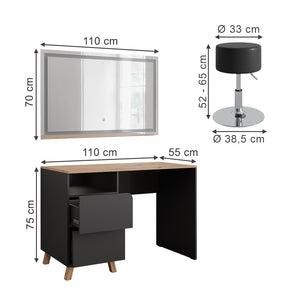 Vicco Tavolo da toeletta Antracite/Artisan 110 cm con sgabello e specchio LED
