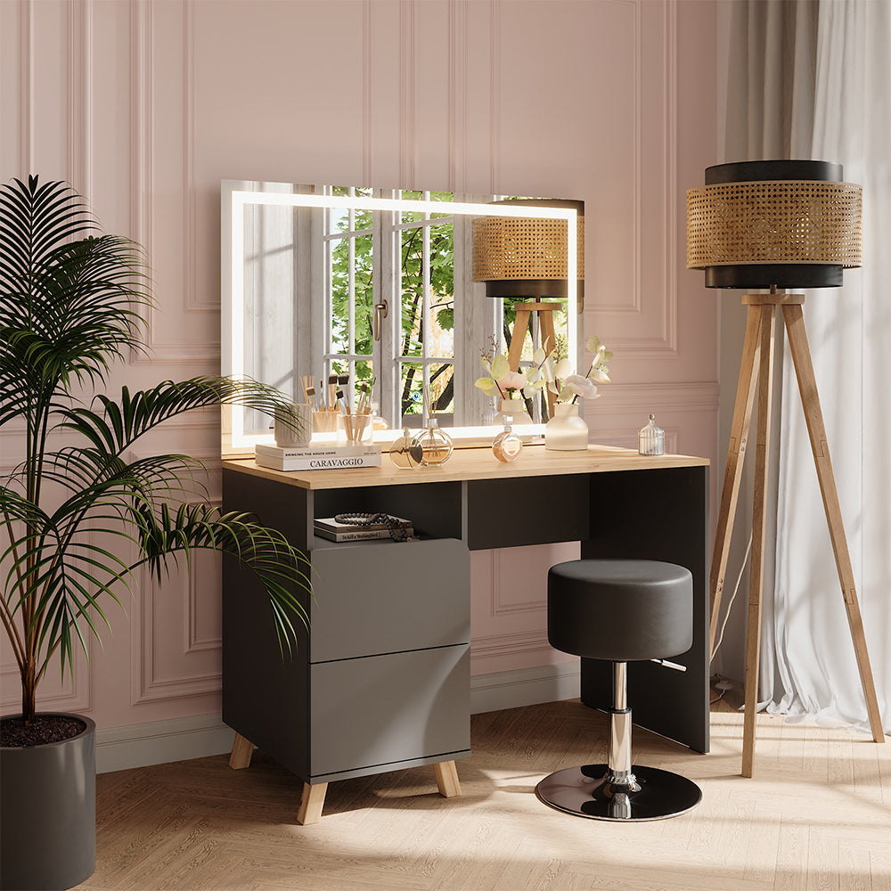 Vicco Tavolo da toeletta Antracite/Artisan 110 cm con sgabello e specchio LED
