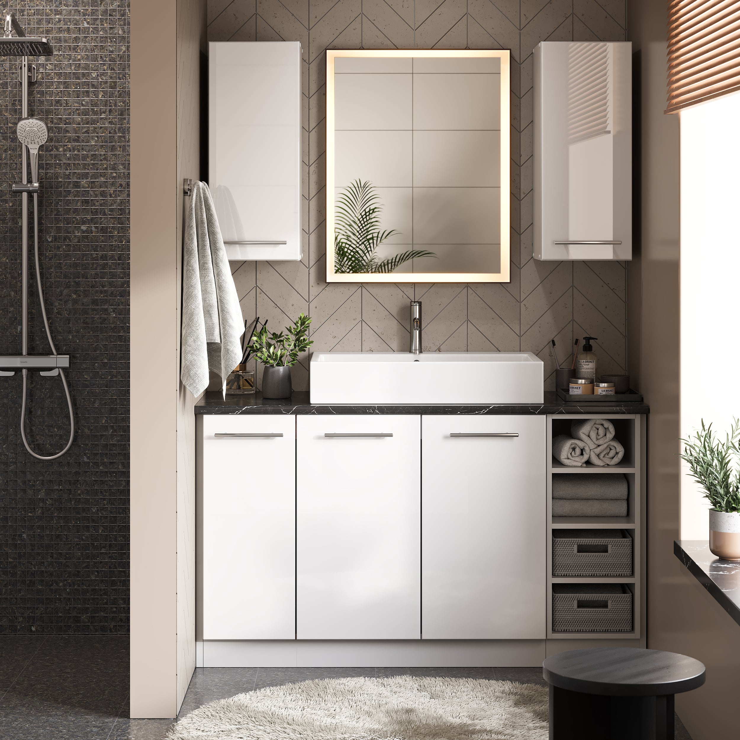 Vicco Cassettiera da bagno Rosso bordeaux lucido 80 x 82 cm con 3 cassetti, senza piano di lavoro