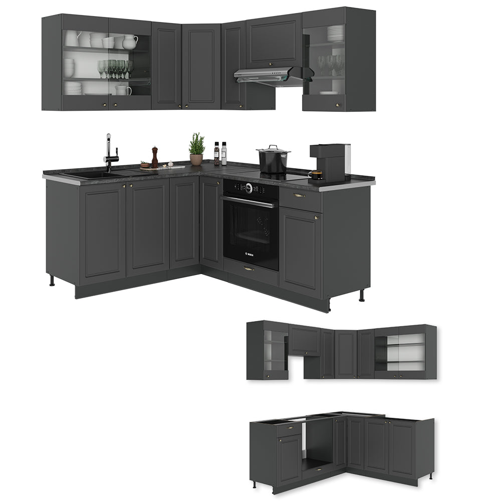 Vicco Cucina angolare completa Landhaus antrazit-oro 190 x 60 cm , PL Marmo
