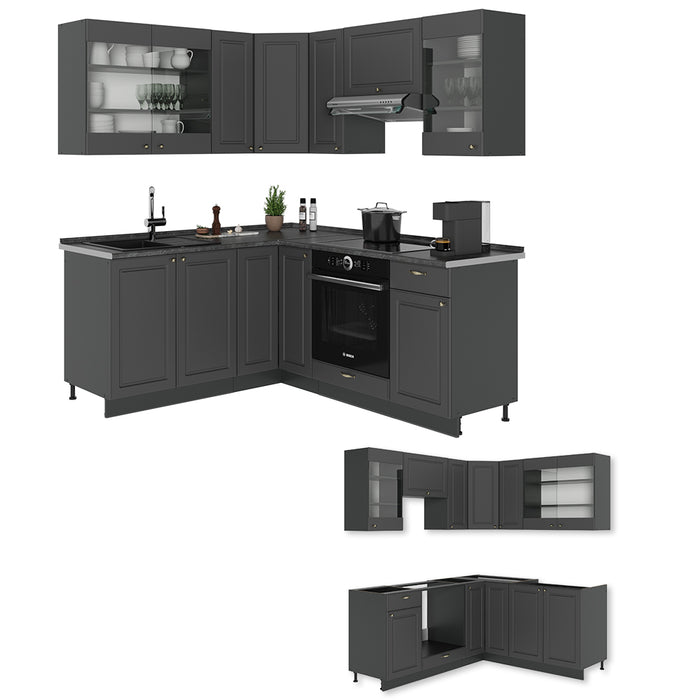 Vicco Cucina angolare completa Landhaus antrazit-oro 190 x 60 cm , PL Marmo