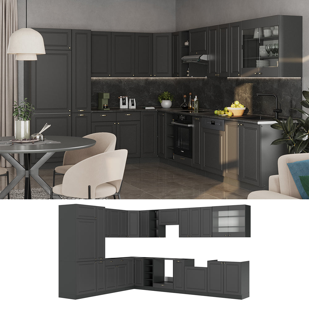Vicco Cucina angolare completa Landhaus antrazit-oro 347 x 60 cm , PL Marmo