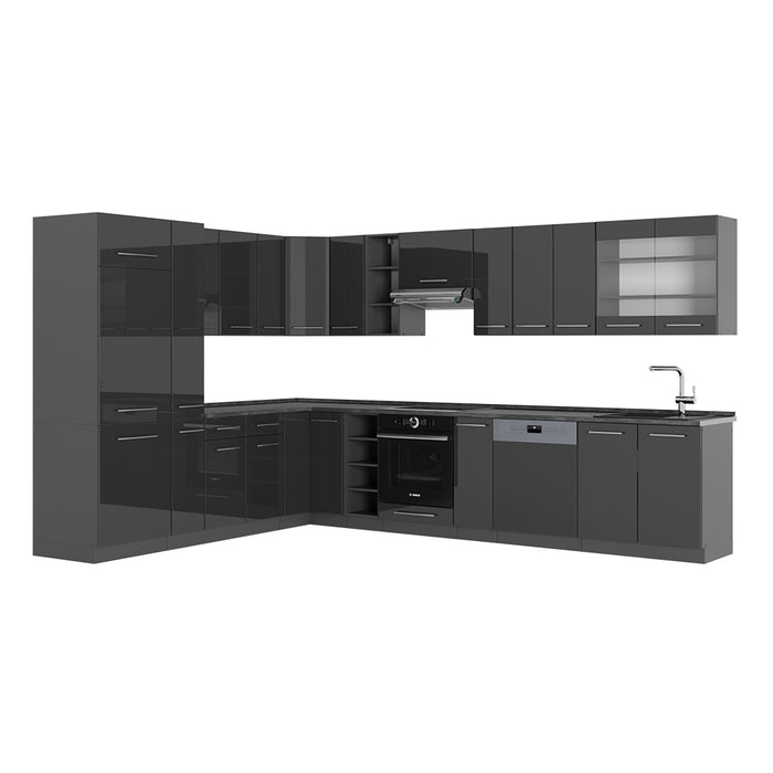 Vicco Cucina angolare completa Antracite lucido 347 x 46 cm senza piano di lavoro