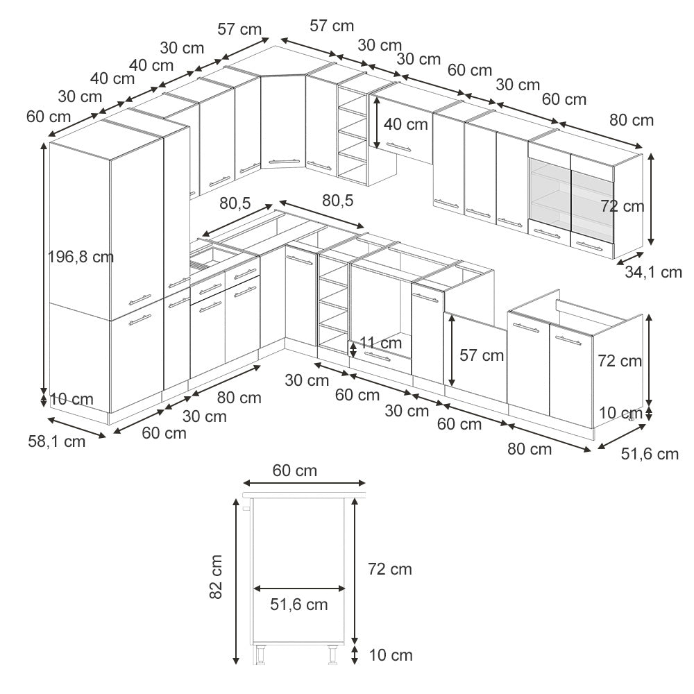 Vicco Cucina angolare completa Antracite lucido 347 x 60 cm , PL Antracite