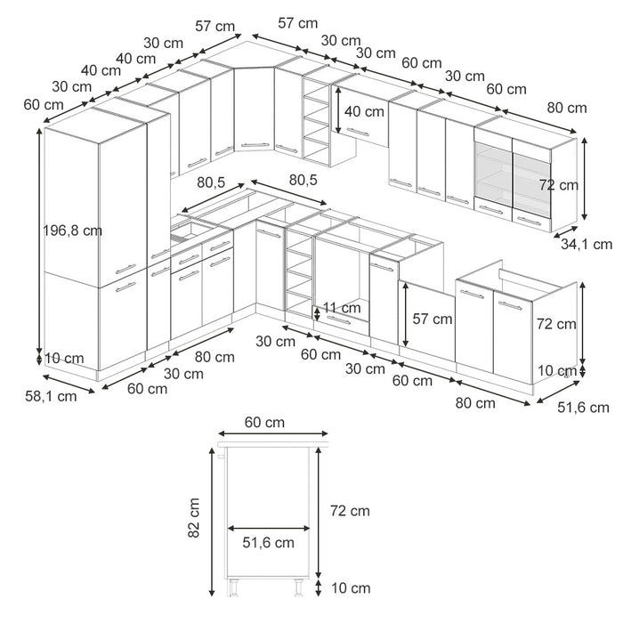 Vicco Cucina angolare completa Grigio scuro 347 x 60 cm , PL Rovere