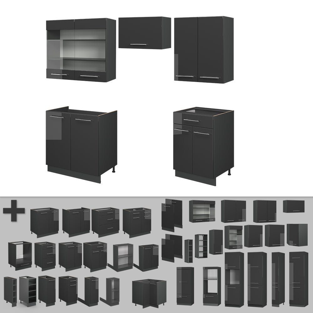 Vicco Cucina componibile Antracite lucido 200 cm senza piano di lavoro