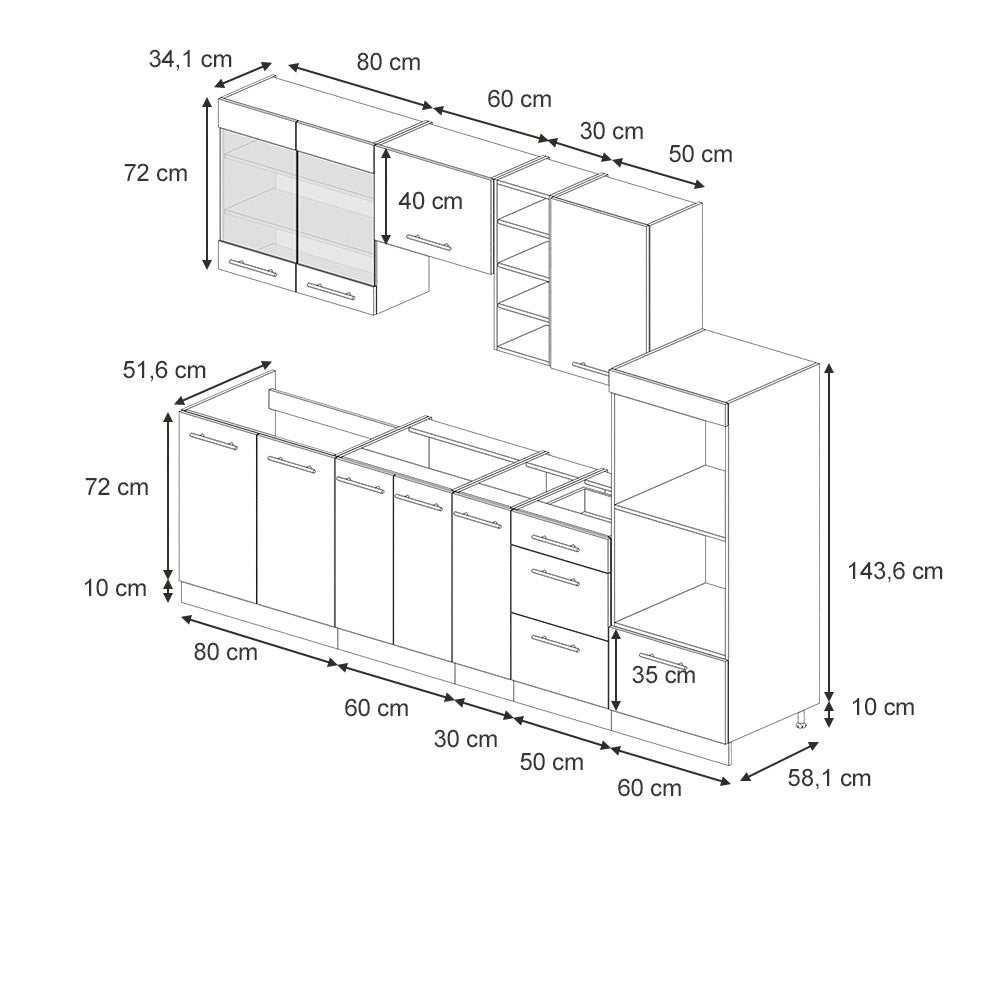 Vicco Cucina componibile Antracite lucido 280 cm senza piano di lavoro