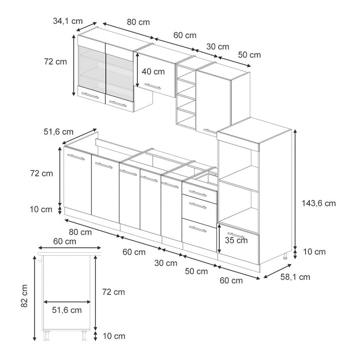 Vicco Cucina componibile Antracite lucido 280 cm , PL Marmo