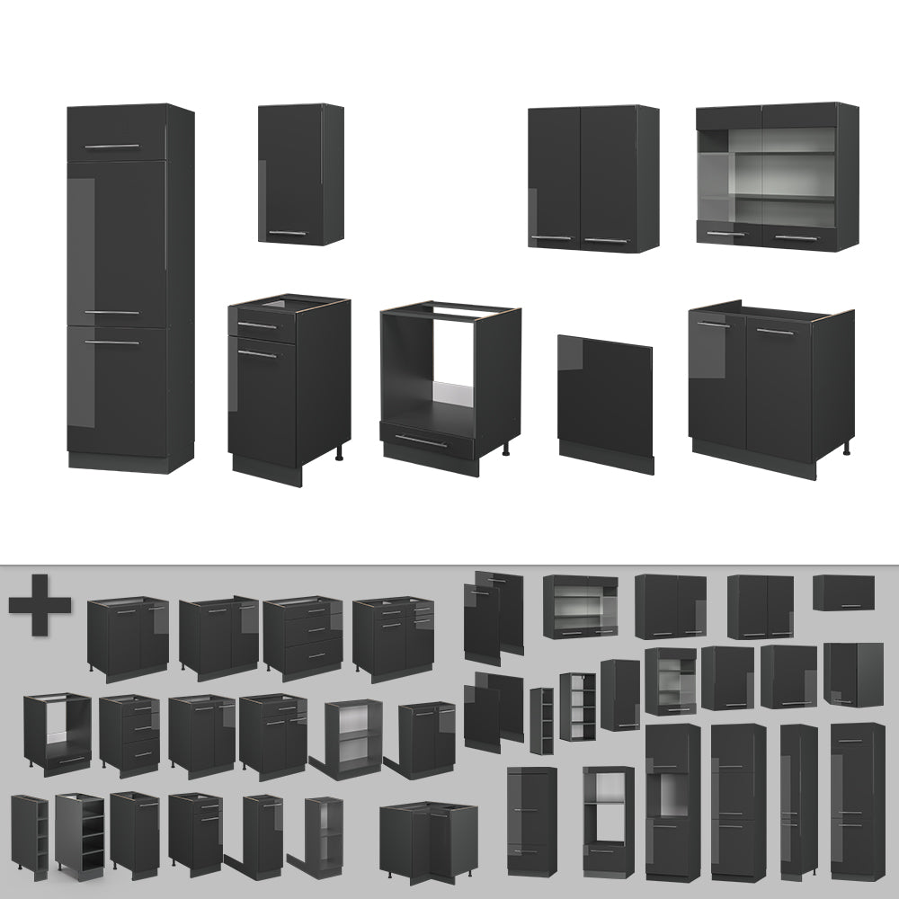 Vicco Cucina componibile Antracite lucido 300 cm senza piano di lavoro