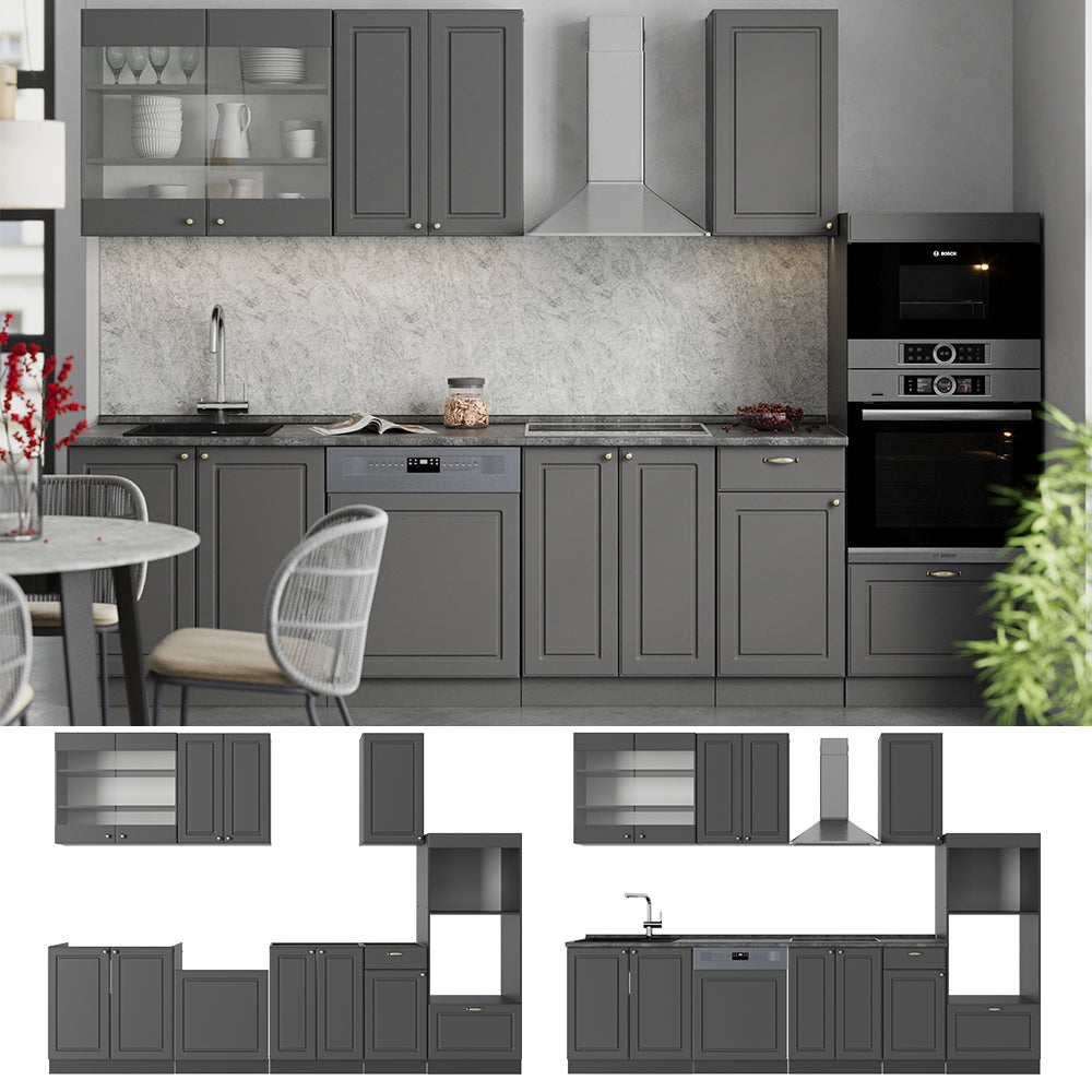 Vicco Cucina componibile Landhaus antrazit-oro 300 cm con armadio alto, PL Rovere