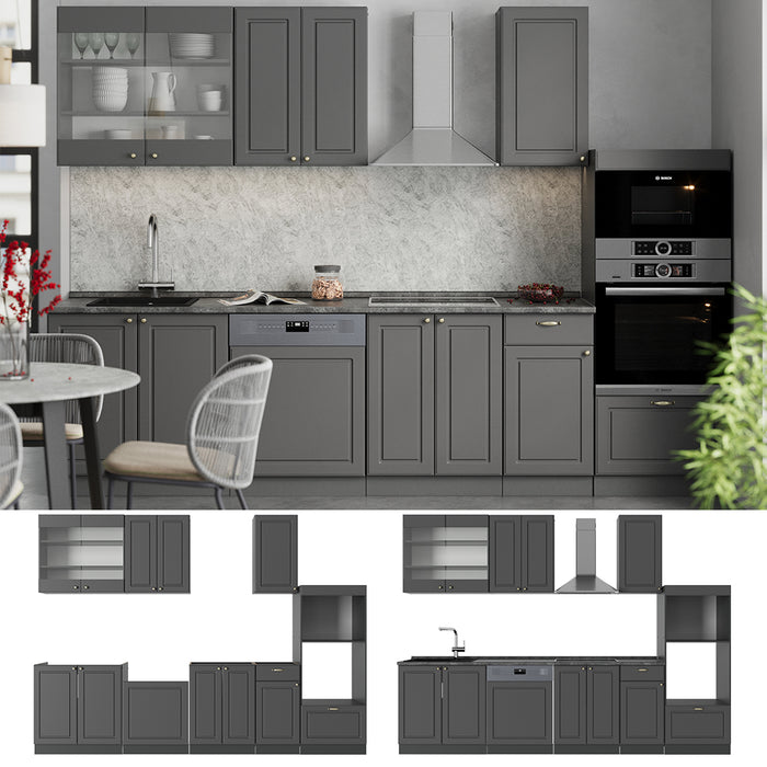 Vicco Cucina componibile Landhaus antrazit-oro 300 cm con armadio alto, PL Rovere