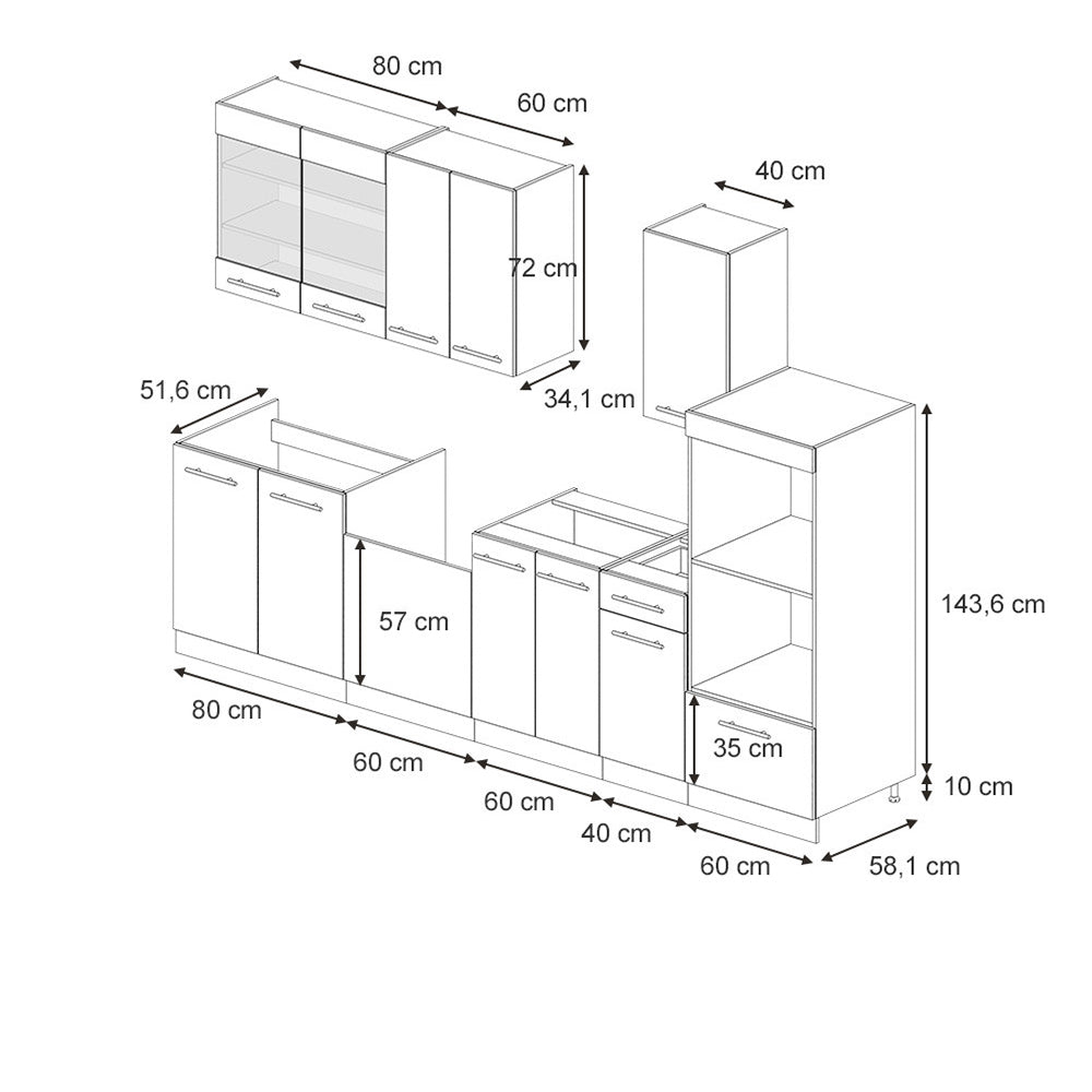 Vicco Cucina componibile Antracite lucido 300 cm con armadio alto, senza piano di lavoro