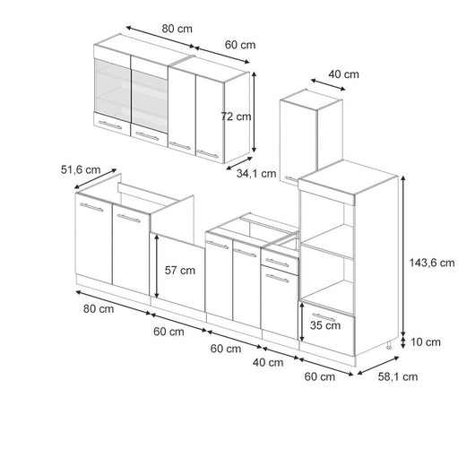 Vicco Cucina componibile Antracite lucido 300 cm con armadio alto, senza piano di lavoro