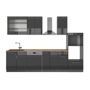 Vicco Cucina componibile Antracite lucido 300 cm con armadio alto, PL Rovere