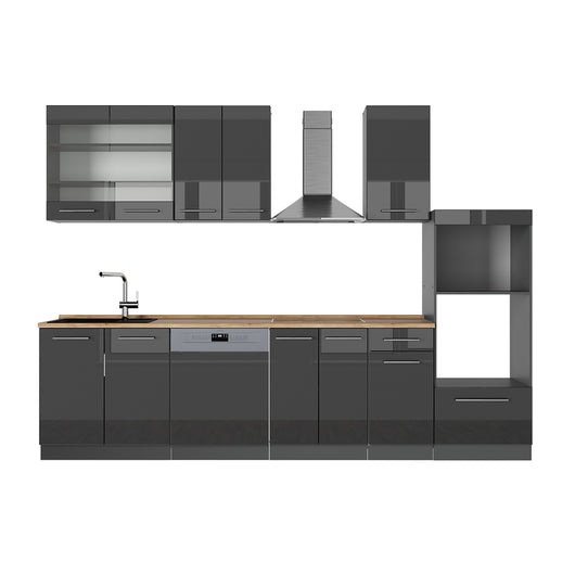 Vicco Cucina componibile Antracite lucido 300 cm con armadio alto, PL Rovere