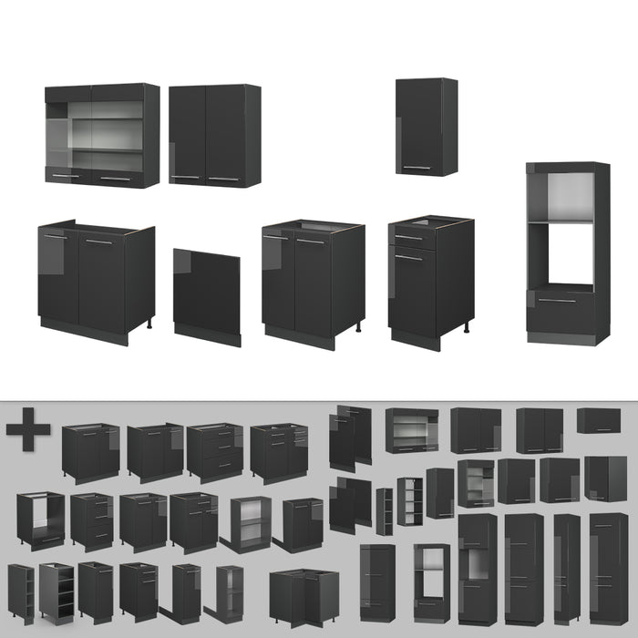 Vicco Cucina componibile Antracite lucido 300 cm con armadio alto, senza piano di lavoro