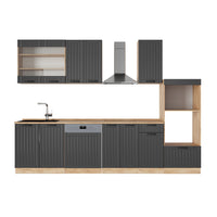 Vicco Cucina componibile Grigio scuro 300 cm con armadio alto, PL Rovere