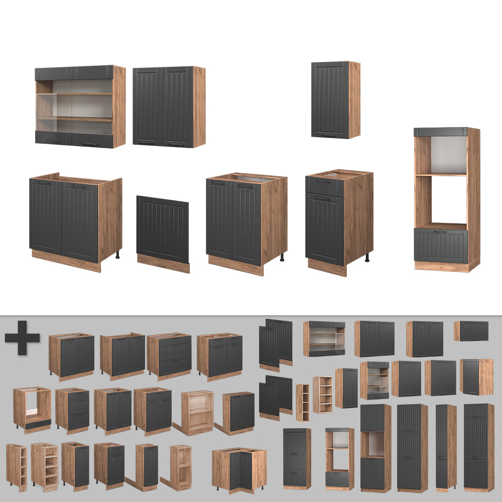 Vicco Cucina componibile Grigio scuro 300 cm con armadio alto, senza piano di lavoro