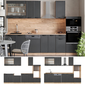 Vicco Cucina componibile Grigio scuro 300 cm con armadio alto, PL Rovere