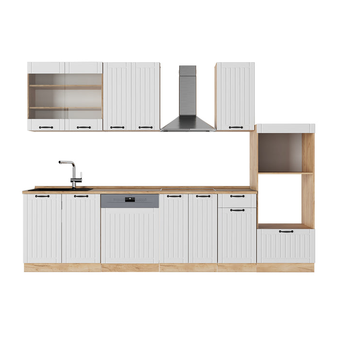Vicco Cucina componibile Bianco casa di campagna 300 cm con armadio alto, PL Rovere