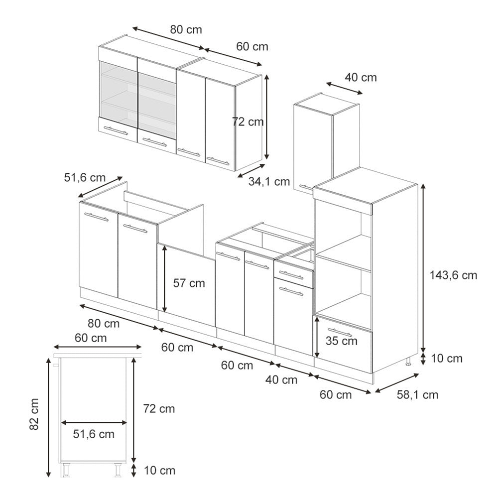 Vicco Cucina componibile Bianco casa di campagna 300 cm con armadio alto, PL Marmo