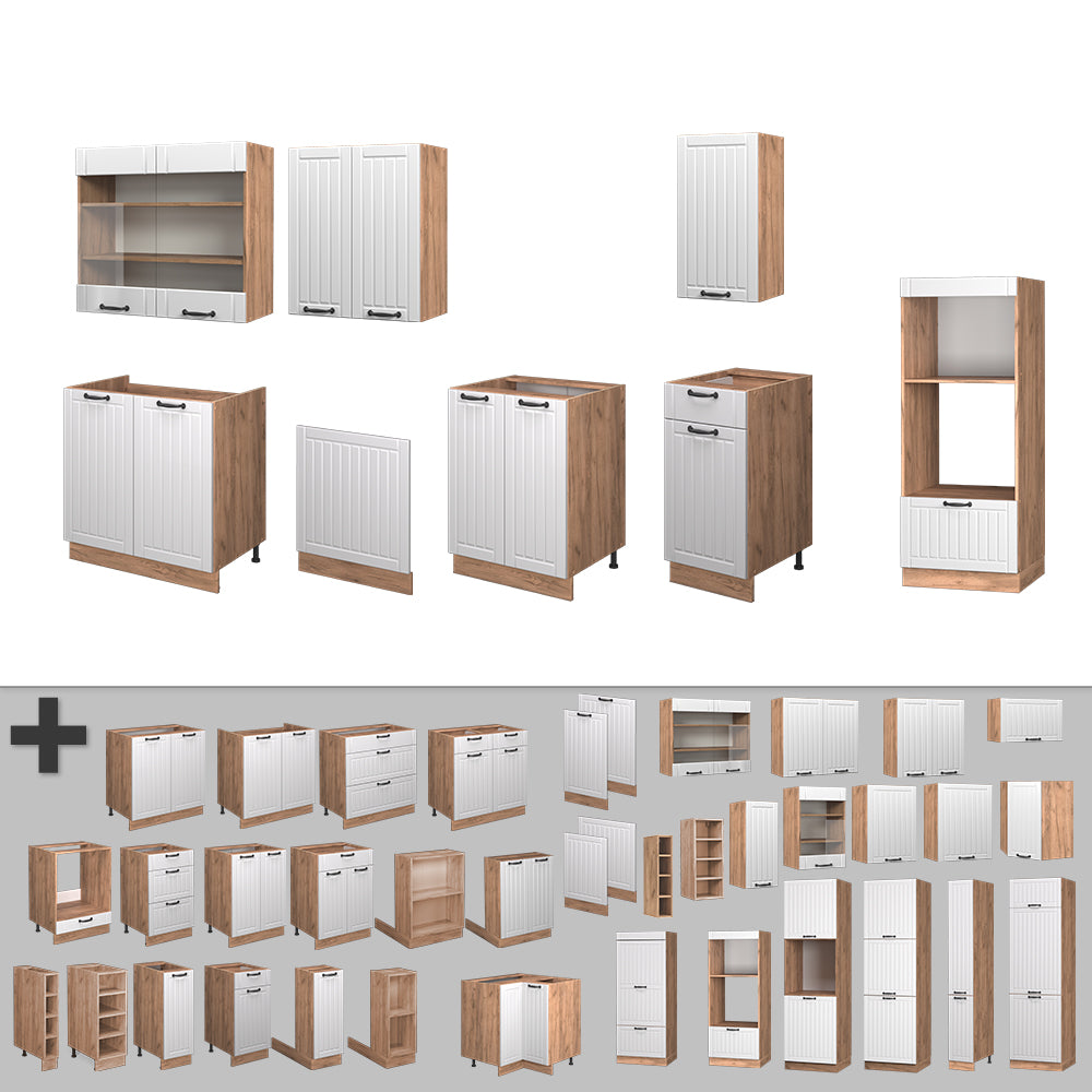 Vicco Cucina componibile Bianco casa di campagna 300 cm con armadio alto, senza piano di lavoro