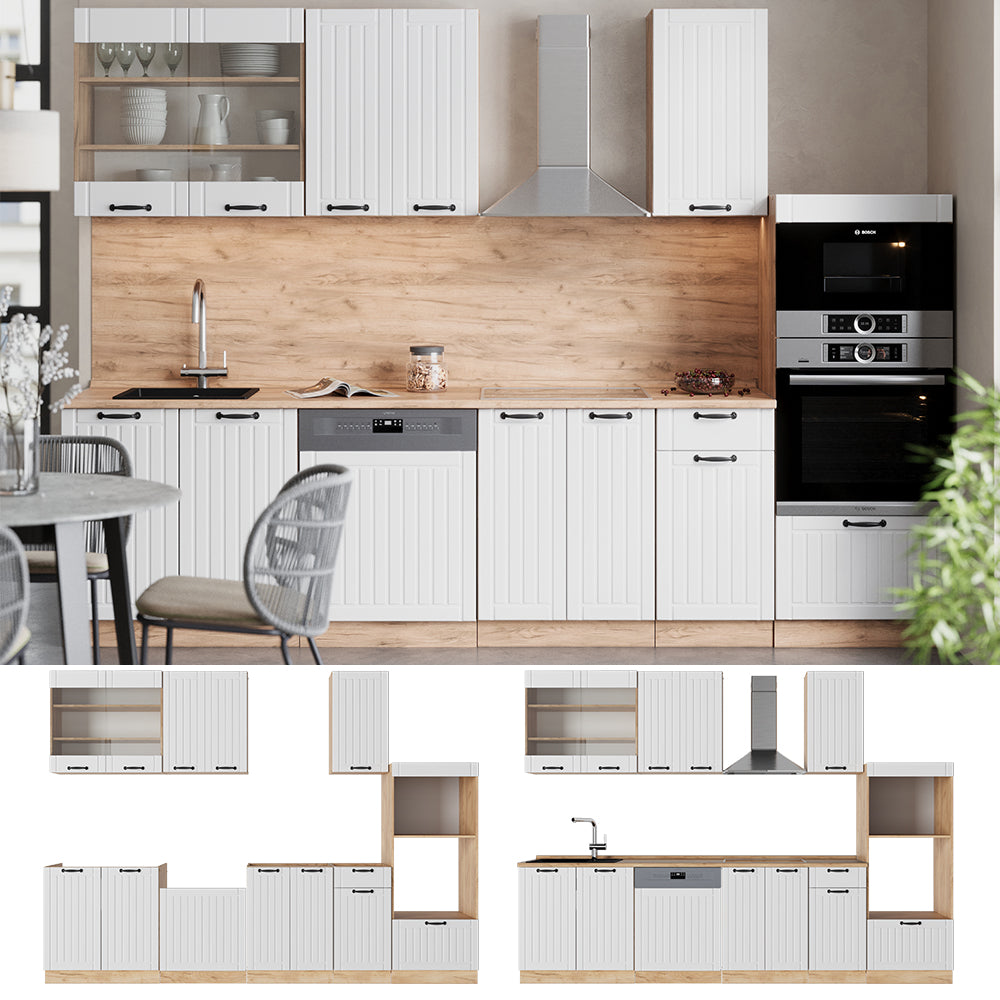 Vicco Cucina componibile Bianco casa di campagna 300 cm con armadio alto, PL Antracite