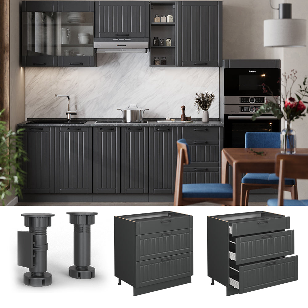 Vicco Mobiletto base per cucina Grigio scuro 80 cm con 3 cassetti, PL Marmo
