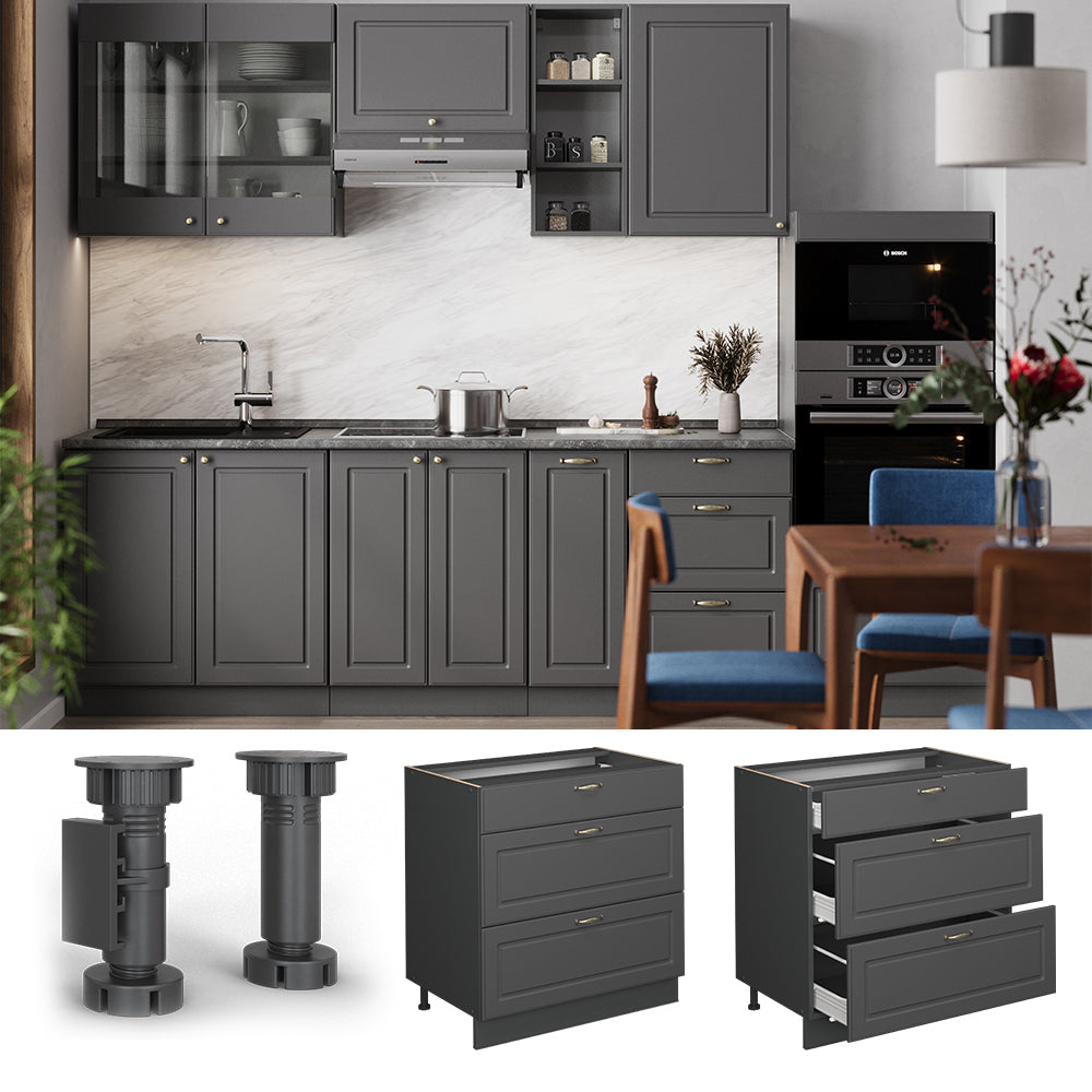 Vicco Mobiletto base per cucina Landhaus antrazit-oro 80 cm con 3 cassetti, PL Marmo