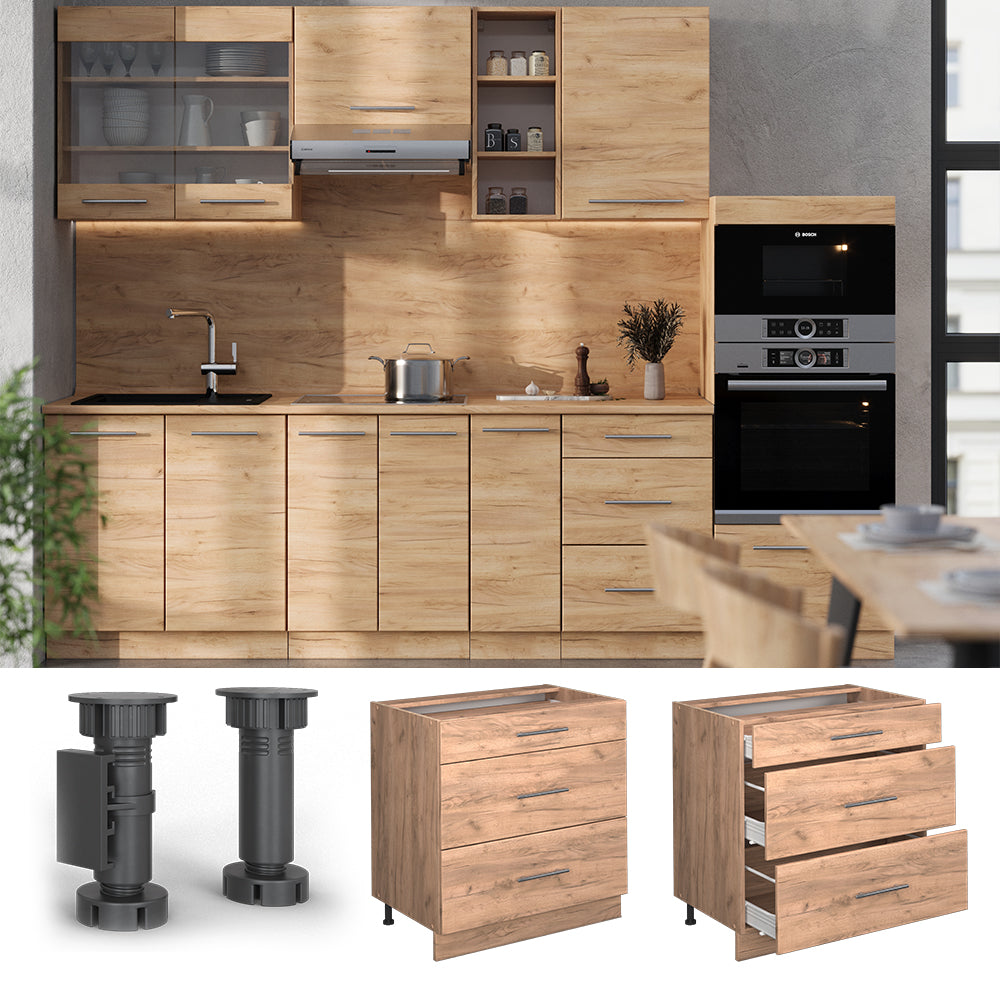 Vicco Mobiletto base per cucina Quercia dorata 80 cm con 3 cassetti, PL Rovere