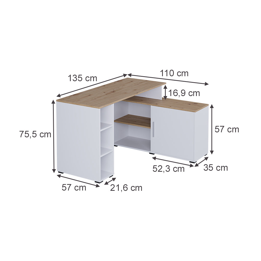 Vicco Scrivania angolare Bianco/Artisan 135 x 110 cm con ripiani