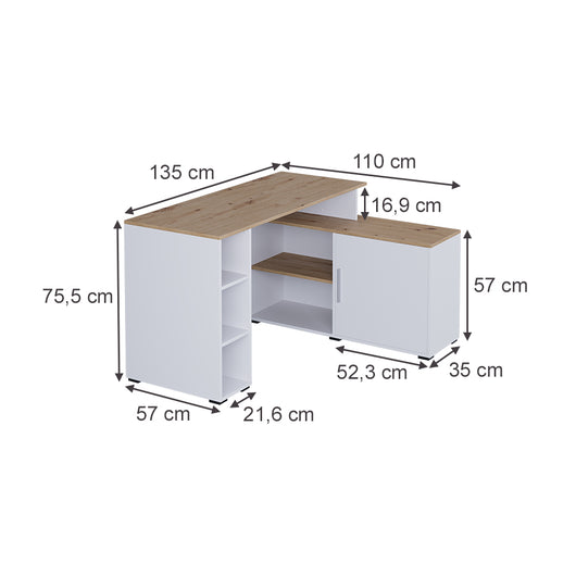 Vicco Scrivania angolare Bianco/Artisan 135 x 110 cm con ripiani
