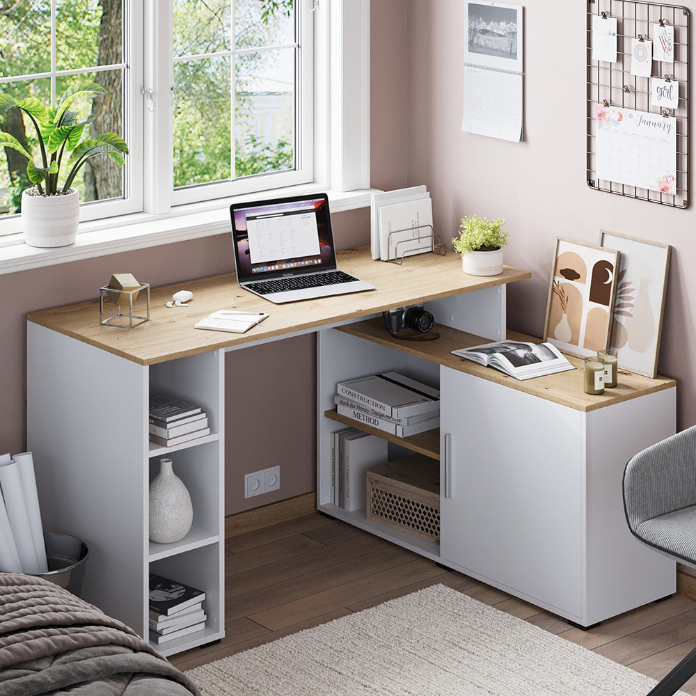 Vicco Scrivania angolare Bianco/Artisan 135 x 110 cm con ripiani