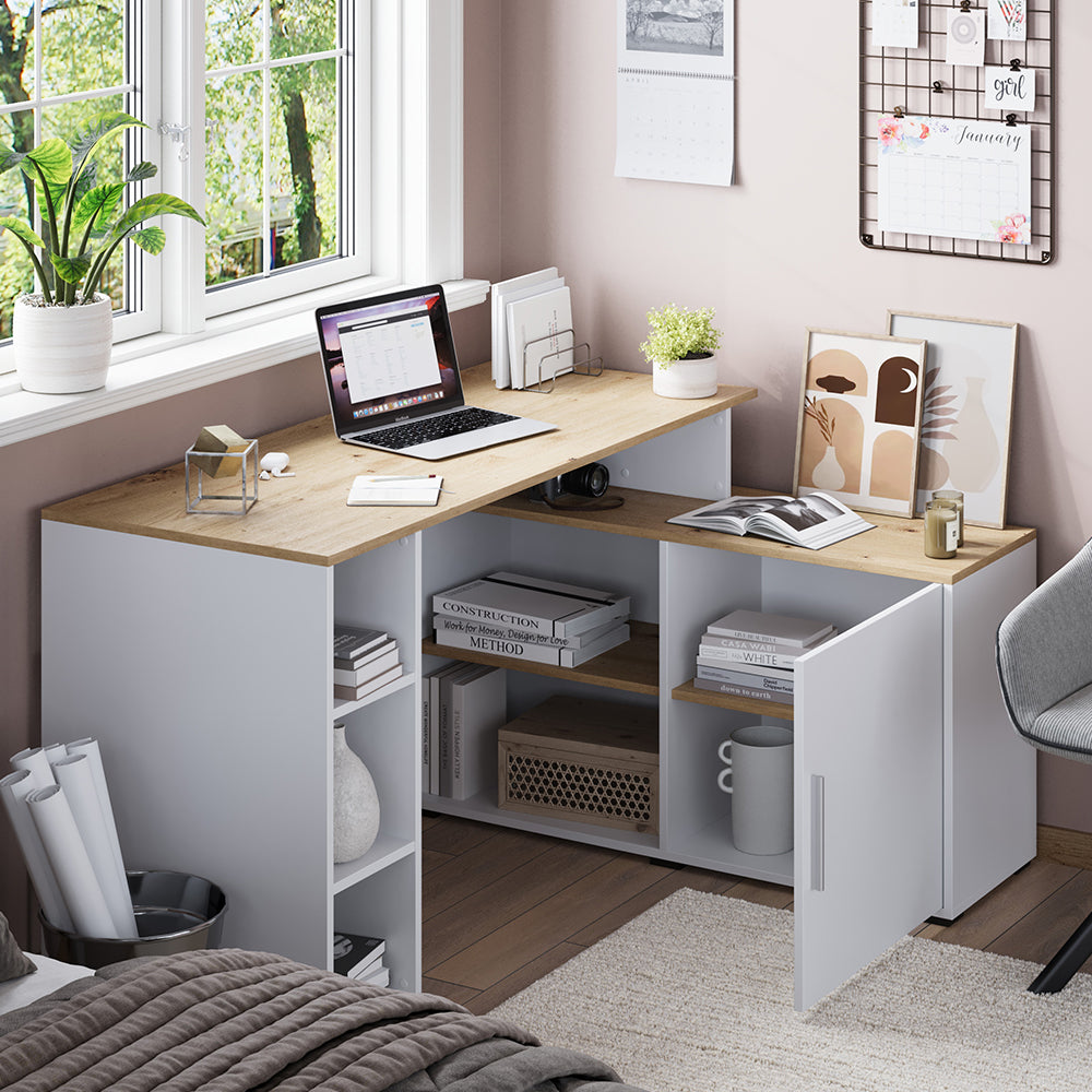 Vicco Scrivania angolare Bianco/Artisan 135 x 110 cm con ripiani